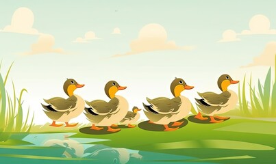 Obraz na płótnie Canvas a group of ducks walking across a river next to a lush green field and a blue sky with clouds in the background and a small pond in the foreground. generative ai