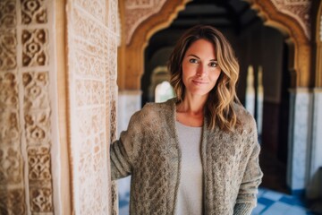 Fototapeta premium Portrait of a beautiful woman standing in the doorway of a mosque