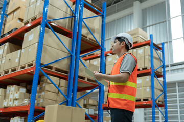 Warehouse worker check appearance of box goods in inventory and check stock product. Transport...