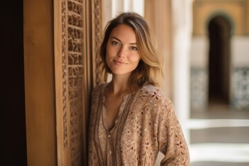 Fototapeta premium Portrait of a beautiful young woman in the interior of the mosque