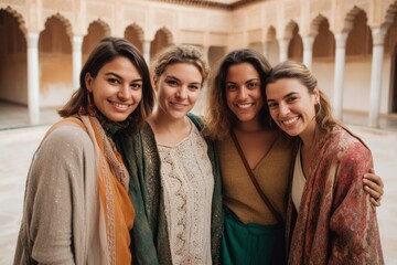 Group portrait photography of a grinning woman in her 30s that is smiling with friends at the Alhambra in Granada Spain . Generative AI - obrazy, fototapety, plakaty