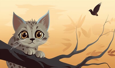  a cat is sitting on a branch with a bird flying above it and a tree branch with a bird in the foreground and a bird in the background.  generative ai