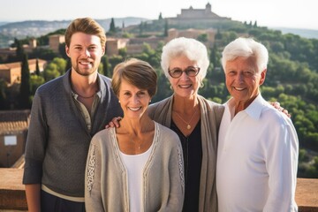 Portrait of happy family of four standing in front of Alhambra, Granada, Spain