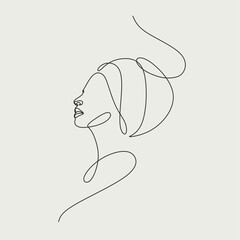 Afro american woman in a modern abstract minimalist one line style. Continuous black line simple drawing. Minimalist face female line art logo