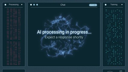 Futuristic chat ai user interface in action, artificial intelligence system, chatting with a bot, dynamics elements, advanced ai technology (3d render)