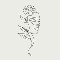 Woman Face Line Art Minimalist Logo. Nature Organic Cosmetics Makeup Minimalist. Abstract Flower head Feminine Illustration line drawing. Women face with flowers line