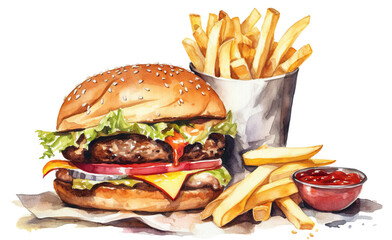 Watercolor drawing of delicious burger and potato fries, cut out. Based on Generative AI - obrazy, fototapety, plakaty