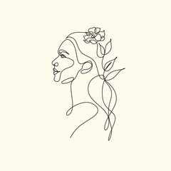 Woman Face Line Art Minimalist Logo. Nature Organic Cosmetics Makeup Minimalist. Abstract Flower head Feminine Illustration line drawing. Women face with flowers line
