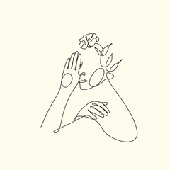 Woman Face Line Art Minimalist Logo. Nature Organic Cosmetics Makeup Minimalist. Abstract Flower head Feminine Illustration line drawing. Women face with flowers line