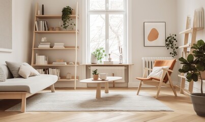  a living room with a couch, chair, coffee table, and bookshelf in the corner of the room with a large window.  generative ai