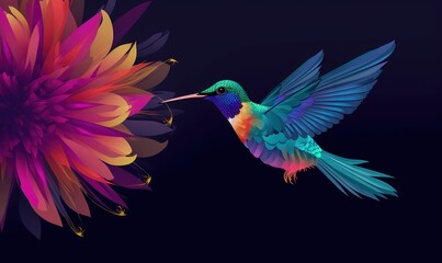  a colorful hummingbird flying next to a large flower on a black background with a blue sky in the background and a pink and yellow flower in the foreground.  generative ai