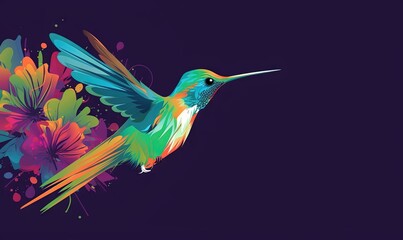  a colorful hummingbird flying over a bunch of flowers on a purple background with a splash of paint on the wing of the hummingbird.  generative ai