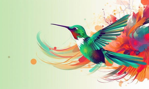  a colorful hummingbird flying with its wings spread out and a flower in the foreground of the image is a splash of paint on a green background.  generative ai