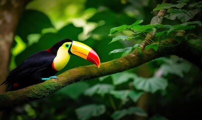  a toucan sitting on a tree branch in a forest with green leaves and a bright yellow and red beak with a black and yellow beak.  generative ai