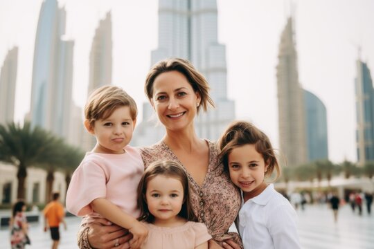 Mother with her kids on the background of skyscrapers in Dubai.