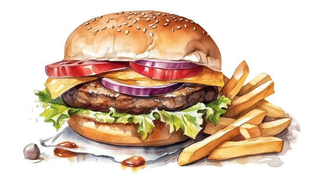 Watercolor drawing of delicious burger and potato fries, cut out. Based on Generative AI