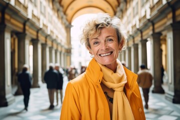 Group portrait photography of a grinning woman in her 50s that is wearing a chic cardigan at the Uffizi Gallery in Florence Italy . Generative AI