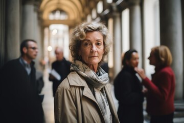 Fototapeta na wymiar Portrait of an elderly woman in the city. People in the background