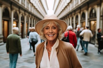 Portrait of smiling senior woman in hat looking at camera while walking in city