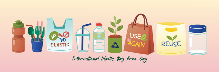 Plastic Bag,, Cup, Spoon, Fork, Straw, Paper Bag, Glass Jar, Reusable Bag, Tumbler, Bottle, Banner, Poster, Single Use, Vector, Illustration