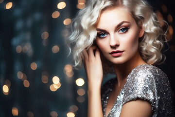 fashion model with creative glitter makeup posing in a shiny evening dress, Brunet Girl over Glitter Shining Background. Fashion Brunet Woman with Curly Hairstyle, generative AI tools 