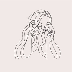 Woman Line Art Minimalist Logo. Nature Organic Cosmetics Makeup. Flower head Feminine Illustration line drawing. Woman face with flowers line