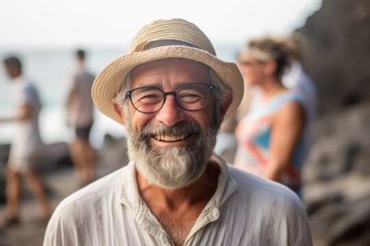 Portrait of a happy senior man with glasses and hat on the beach