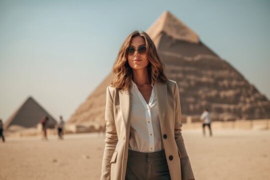 Lifestyle portrait photography of a pleased woman in her 30s that is wearing a classic blazer at the Pyramids of Giza Egypt . Generative AI