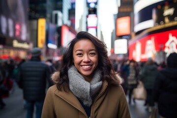 Fototapeta premium Happy young woman in Times Square, New York City, USA.