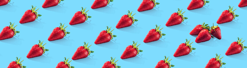 Ripe strawberries pattern. Food pattern. Wide banner. Panoramic. Blue background