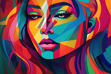 Fototapeta na wymiar A beautifully illustrated woman's face with vibrant colors and striking features. Generative AI, AI.