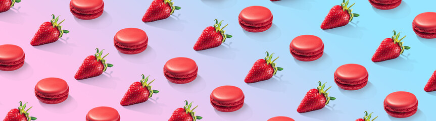 Ripe strawberries and macarons pattern. Food pattern. Wide banner. Panoramic. Gradiet background