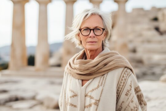 Portrait of senior woman with eyeglasses standing on ancient ruins