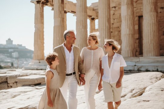 Happy family of three visiting the ancient Greek city of Parthenon