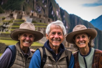 Obraz premium Group of happy senior tourists in Machu Picchu, Peru.