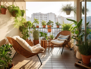 Cozy, minimalistic, modern balcony ideas. Comfortable seatings with plants.