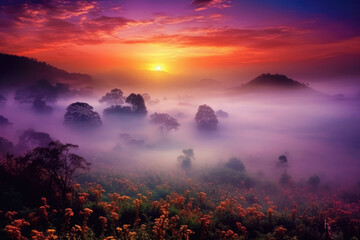 Fototapeta na wymiar A stunning, fairytale-like sunrise on a misty meadow in shades of red and purple. Generative AI, AI.