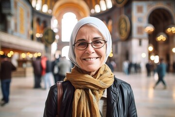 Obraz premium Portrait of senior muslim woman with hijab smiling at the camera in the mosque