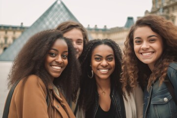 Obraz premium Group portrait photography of a satisfied woman in her 20s that is smiling with friends at the Louvre Museum in Paris France . Generative AI