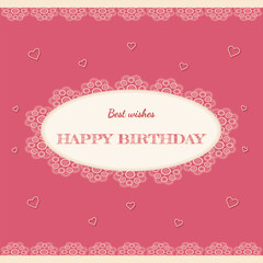 
Happy birthday pink card with lace, heart, best wishes