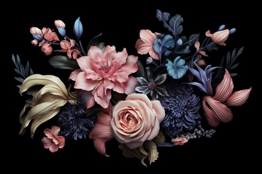 Subtly textured blue and pink pastel painted flowers dark moody background. Generative AI