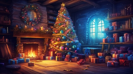 Obraz premium Interior christmas, magic glowing tree, fireplace, gifts in dark. Generative ai