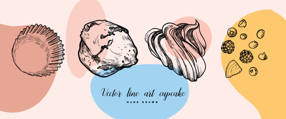 Vector line art hand drawn cupcake. Easy to edit lines and background. 