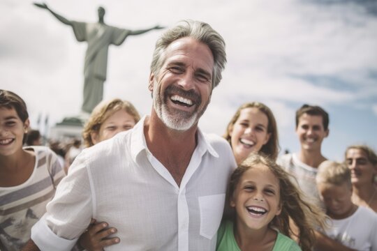 Portrait of smiling man with family standing in front of statue on sunny day