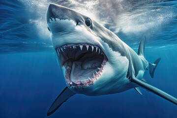 Fototapeta premium A magnificent great white shark, an apex predator of the ocean, showcasing the enigmatic beauty of marine life and the importance of wildlife conservation. Generative Ai, Ai.