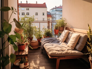 Cozy, minimalistic, modern balcony ideas. Comfortable seatings with plants.