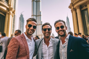 Group portrait photography of a pleased man in his 30s that is smiling with friends at the Burj Khalifa in Dubai UAE . Generative AI