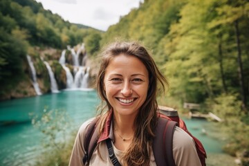 Headshot portrait photography of a pleased woman in her 30s that is with the family at the Plitvice Lakes National Park Croatia . Generative AI