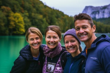 Group of happy tourists standing in front of a lake in the mountains