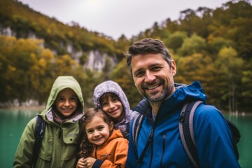 Happy family of four hiking in Plitvice Lakes National Park, Croatia